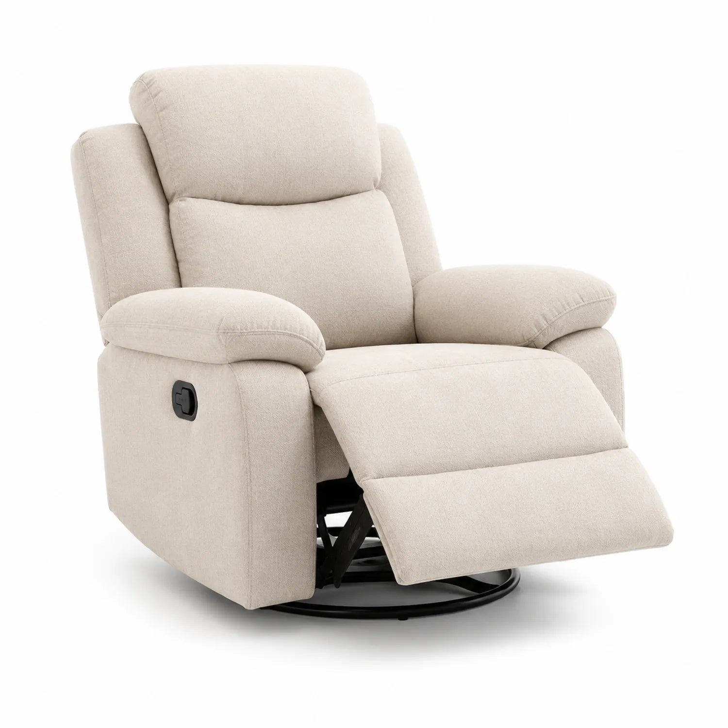 Fauteuil pivotant en métal et tissu beige avec repose-pieds