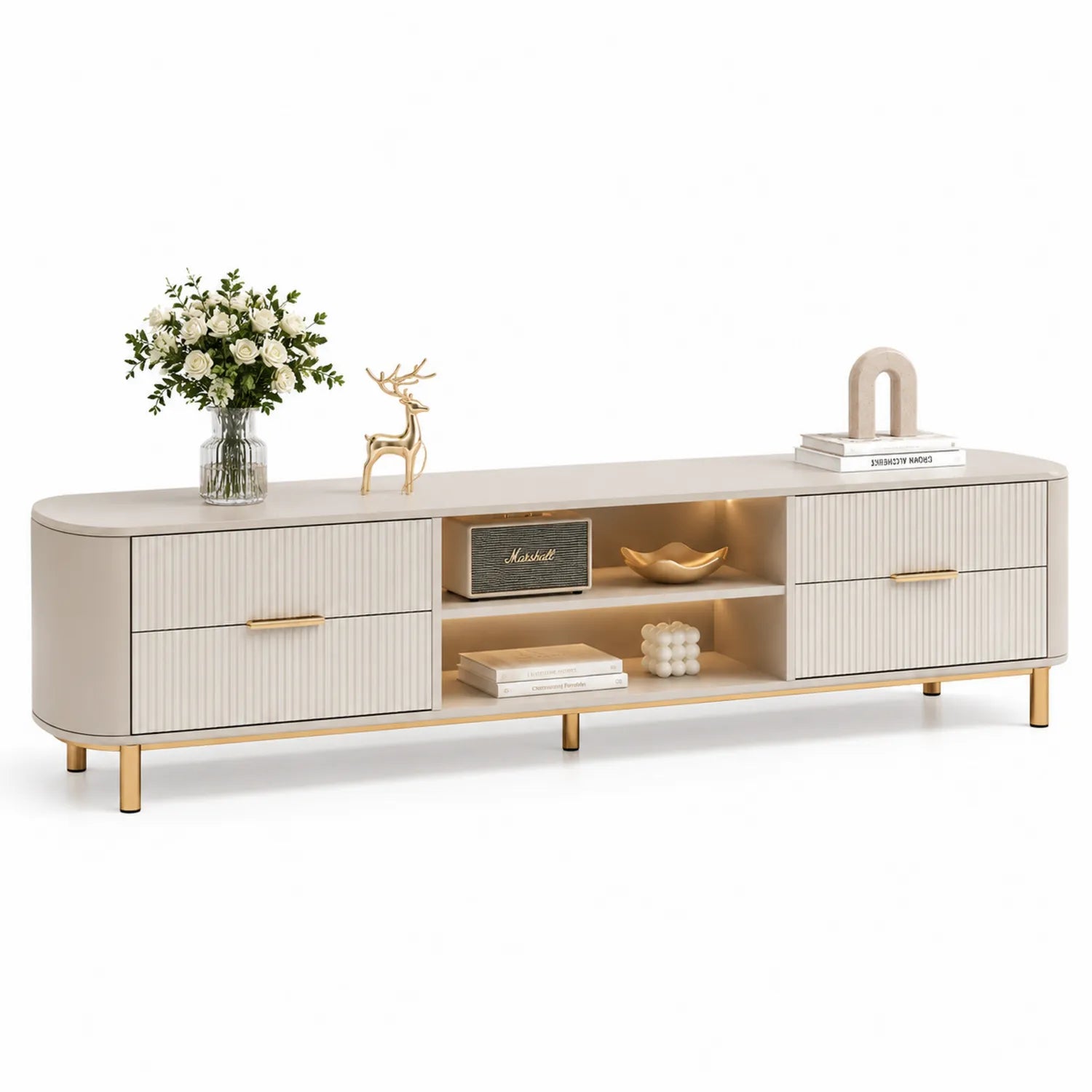 Meuble TV en MDF avec Tiroirs et Étagères Métalliques Beige 180x40x50 cm