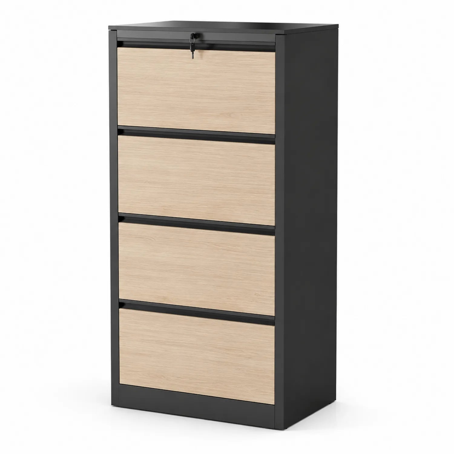 Armoire de classement en métal et bois 4 tiroirs Noir et Bois clair
