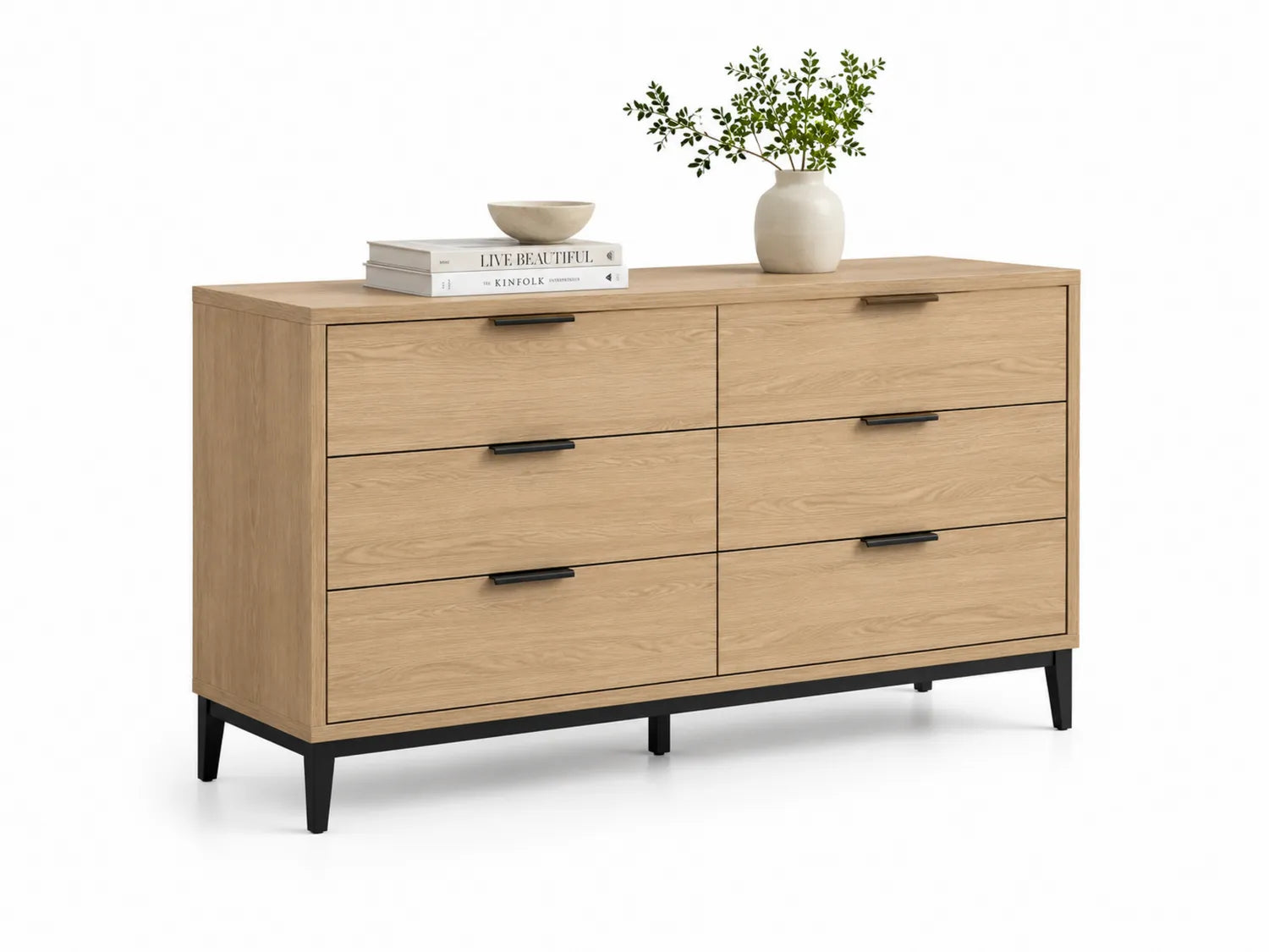 Commode en bois et métal avec 6 tiroirs, Chêne clair