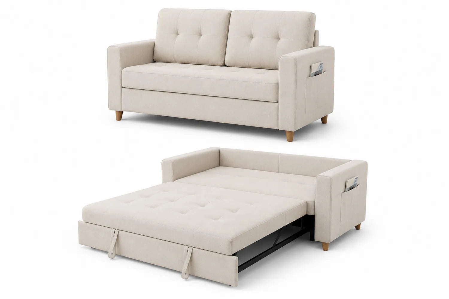 Canapé-lit en tissu polyester beige avec pieds en bois