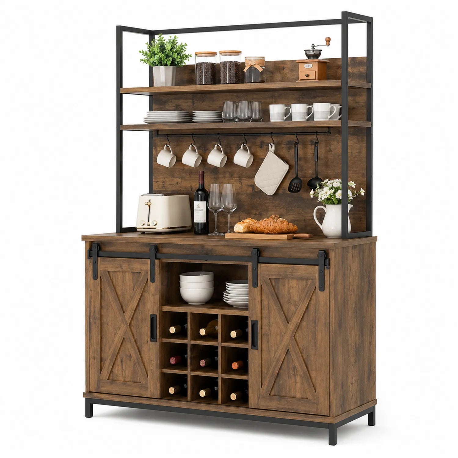 Buffet en Bois avec Étagères et Portes Coulissantes