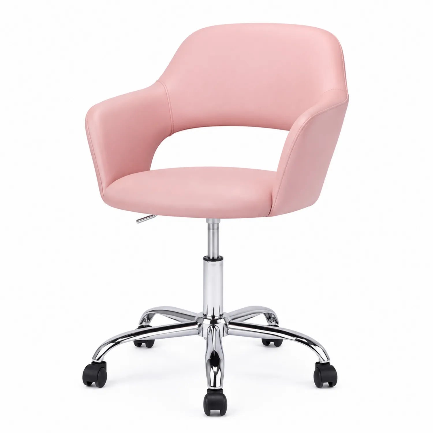Chaise de bureau en cuir synthétique rose avec base en métal chromé