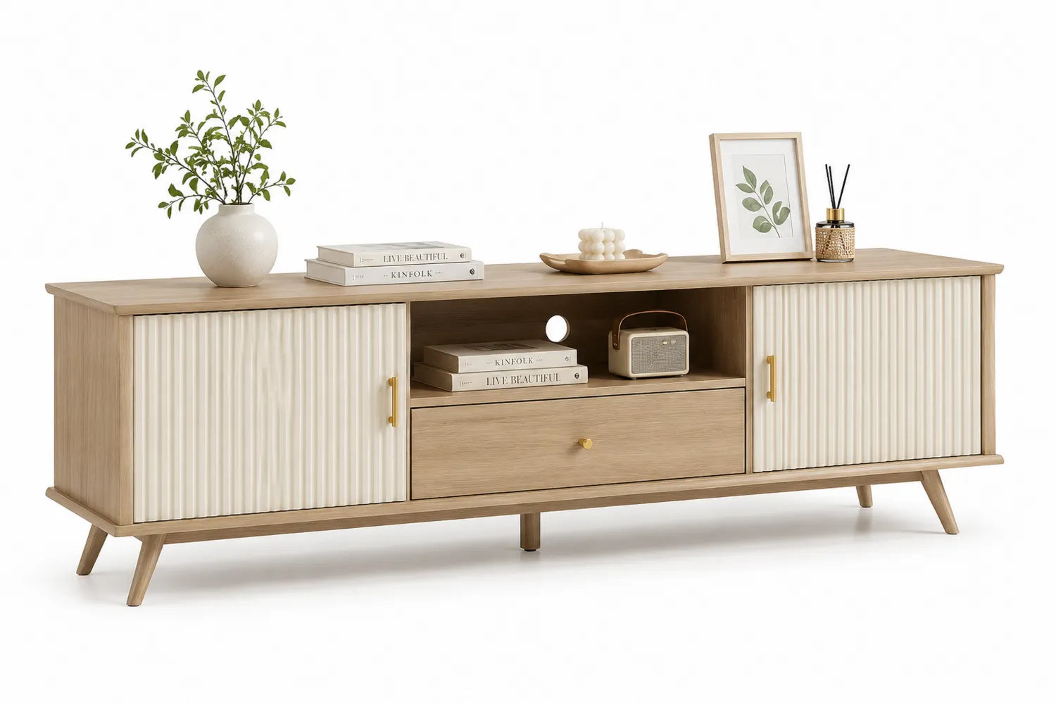Meuble TV en bois et MDF avec portes striées beige