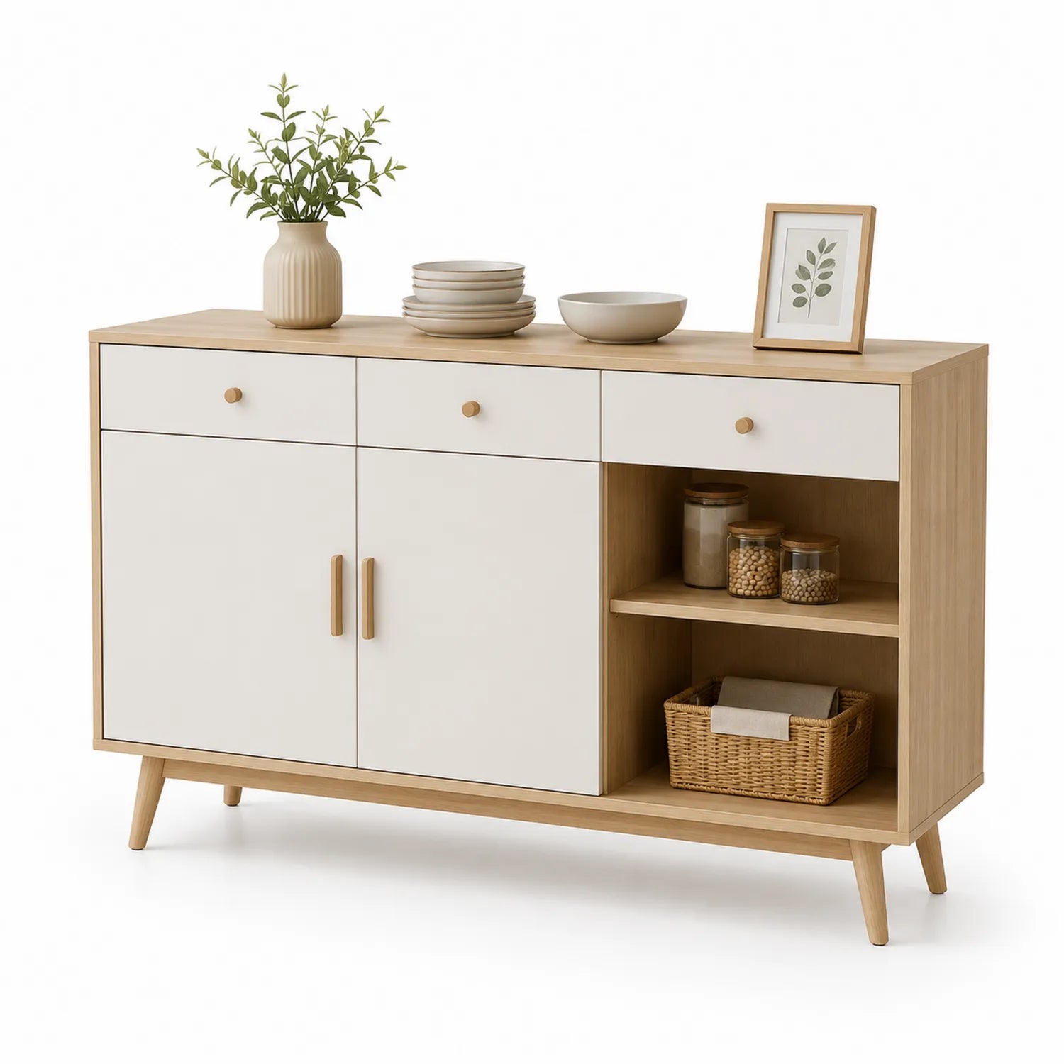 Buffet en bois et MDF blanc et chêne avec deux tiroirs