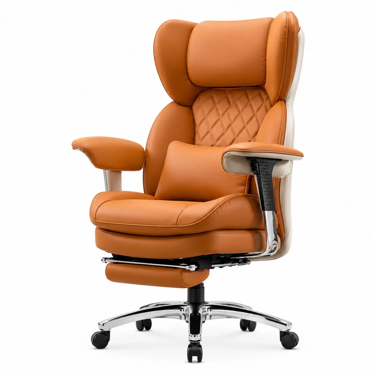 Chaise de bureau en cuir PU avec repose-pieds marron et crème